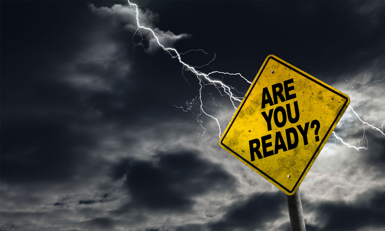 Street sign says "Are you ready?" with lightning in background